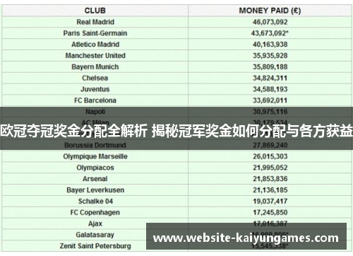 欧冠夺冠奖金分配全解析 揭秘冠军奖金如何分配与各方获益